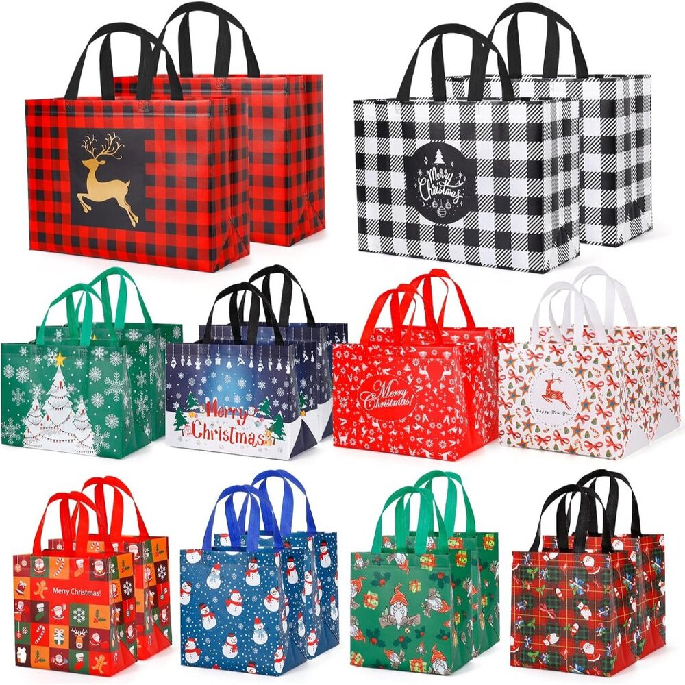 20 Pack Christmas Gift Bags Assorted Sizes, Reusable Tote Bags with Handle, Incl